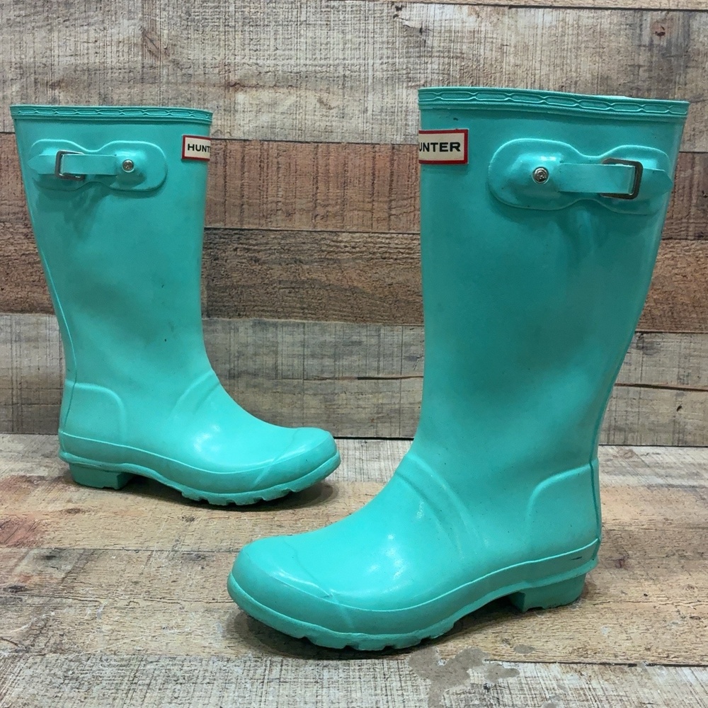 Hunter Rain Boots Kids Size 3 34 Green Gloss Rubber Waterproof Mid Calf Pull On